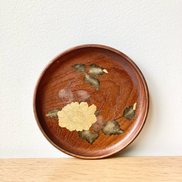 kay bojesen Other - kay bojesen denmark teak mid century round plate dish hand painted golden rose